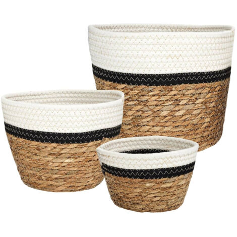 Lot de 3 Corbeilles Tressées en Jonc de Mer Naturel et Coton Noir et Blanc