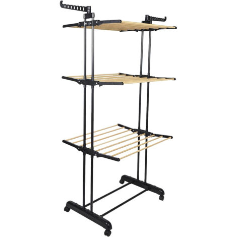 Etendoir Pliable à Roulettes 3 Niveaux Coloris Noir et Effet Bois - LINEO (1/3)