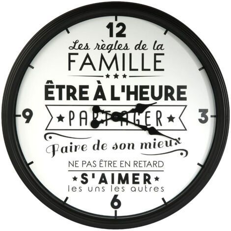 Horloge Murale Noire et Blanche Ø50cm "Règles de Famille" (1/3)