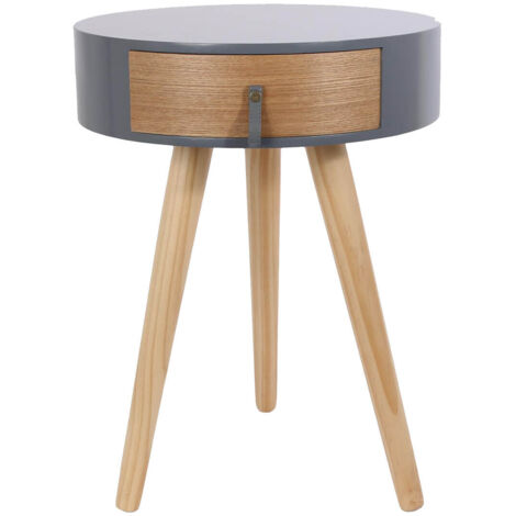 Chevet Rond 1 Tiroir Gris et Effet Bois Style Scandinave Vintage - MEALIA (1/3)