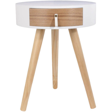 Chevet Rond 1 Tiroir Blanc et Effet Bois Style Scandinave Vintage - MEALIA (1/3)