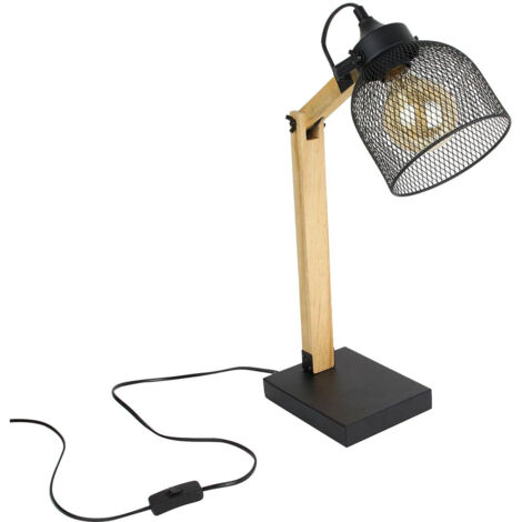 Lampe à Poser Style Industriel Grille Métal Noir et Bois (1/4)