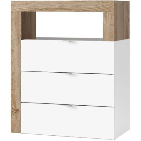 ARTURO - Rangement 3 tiroirs 64cm blanc laqué et aspect bois finition Cadiz (1/3)