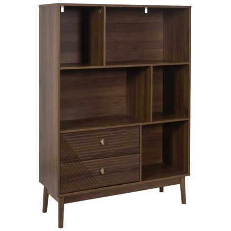 Bibliothèque 2 tiroirs 5 niches en bois et MDF pieds en pin teinté chêne foncé - COLETTE (1/5)