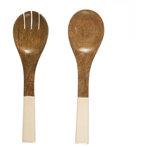 Couverts à salade en bois de manguier uni beige - MANGO