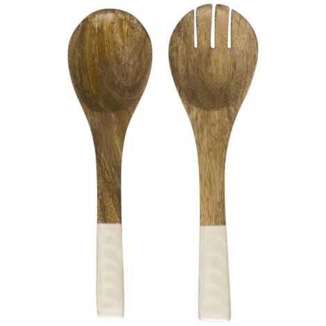 Couverts à salade en bois de manguier avec manche texturé nid d'abeille beige