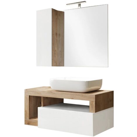 ARTURO - Meuble Vasque 92cm suspendu + Miroir blanc et aspect bois finition Cadiz (1/5)