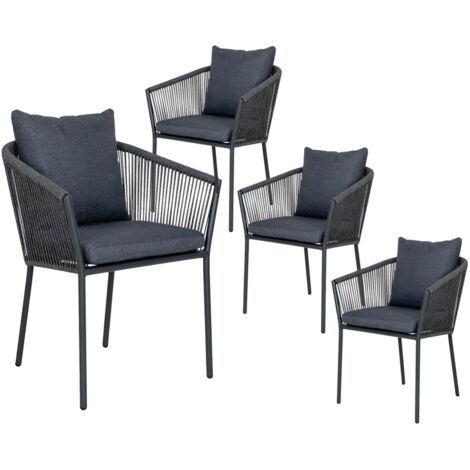KARRIGE - Lot de 4 Fauteuils de Jardin en Aluminium Noir Corde et Coussins Anthracite (1/5)