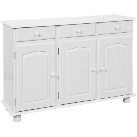 Altobuy – Buffet 3 portes 3 tiroirs en pin massif vernis blanc – Dimensions 130x43xH87 cm – Finition transparente pour veinage du bois (1/5)