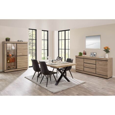 Altobuy – Ensemble séjour 3 pièces avec table rectangulaire 170cm – Buffet 2 portes et vitrine 3 portes – Finition chêne français – Éclairage inclus