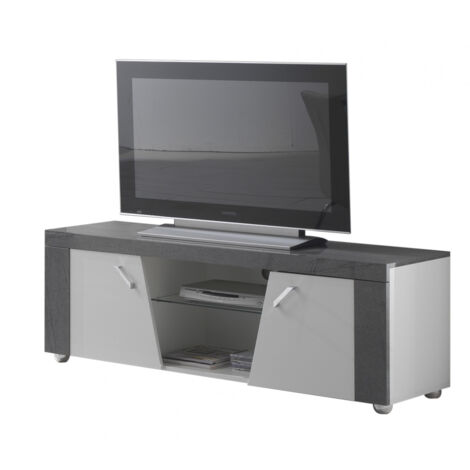 LUNA - Meuble TV 2 Portes et Niche Gris Finition Brillante (1/4)