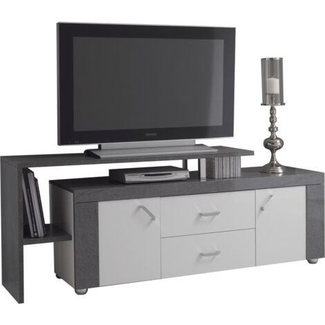 LUNA - Meuble TV Gris avec plateau 2 Portes 2 Tiroir (1/3)