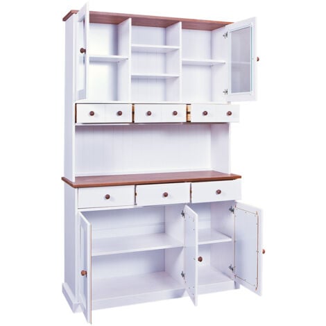 SOCOA - Buffet Vaisselier 5 Portes 6 Tiroirs Bois Massif Vernis Sepia et Blanc