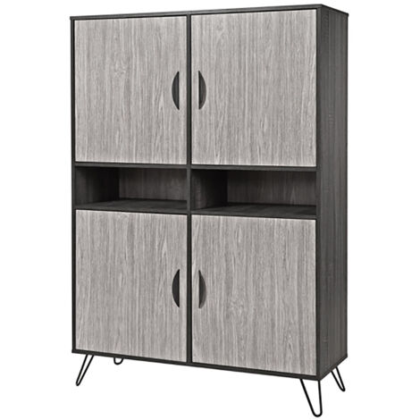 ASCA - Meuble Bar 4 Portes Décir Chêne Gris Cendré et Piètement Métal (1/4)