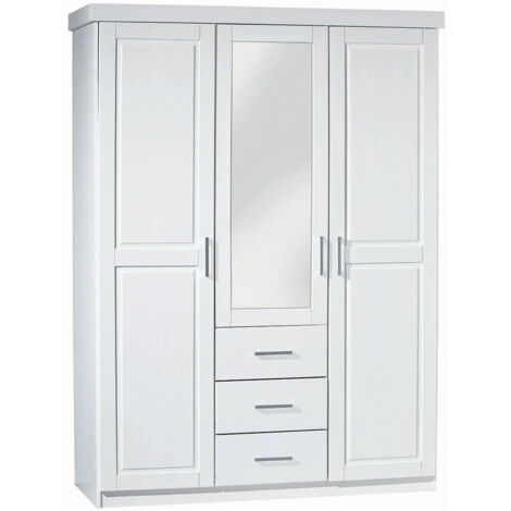 ALASKA - Armoire 3 Portes 1 Miroir Bois Massif Vernis Blanc (1/5)