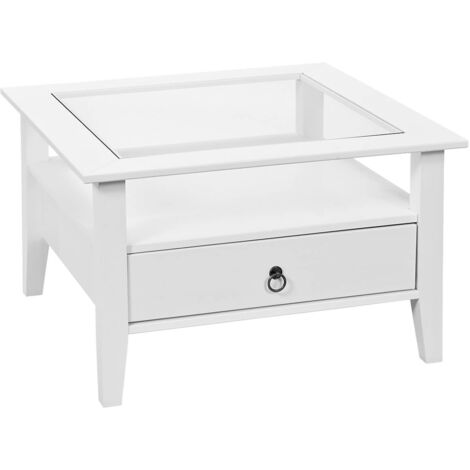 Altobuy – Table basse carrée en bois massif vernis blanc – Plateau en verre transparent – Dimensions 75x75xH45 cm – Tiroir de rangement intégré (1/5)
