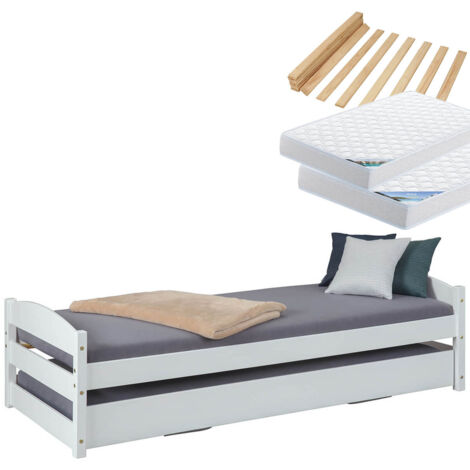 BRODI - Pack Lit Gigogne 90x200cm Blanc + Matelas Ibiza + Matelas Chypre (1/4)