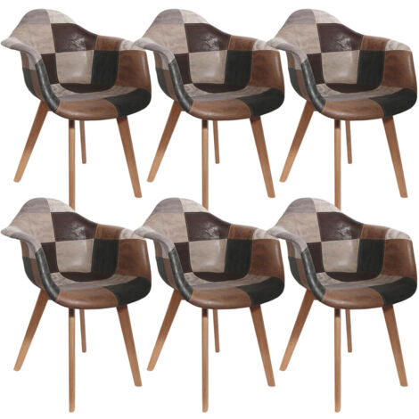 Altobuy – Lot de 6 fauteuils scandinaves en tissu aspect cuir – Motif patchwork – Hauteur d'assise 47 cm – Piétement en bois massif (1/5)