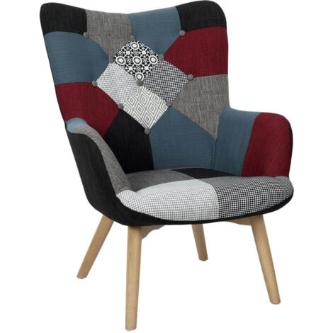 Altobuy – Fauteuil patchwork coloré en tissu 100% polyester – Hauteur d'assise 45 cm – Piétement en hêtre massif – Dimensions 72 x 80 x H99 cm (1/5)