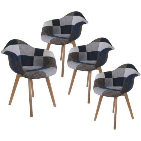 DAMAS - Lot de 4 Fauteuils Patchwork Bleu et Gris (1/5)