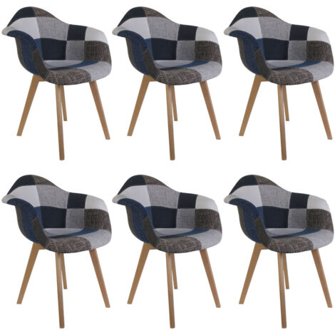 DAMAS - Lot de 6 Fauteuils Patchwork Bleu et Gris (1/5)