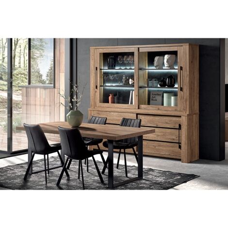 Altobuy – Ensemble buffet-vaisselier 2 portes + table 200cm – Aspect bois décoratif – Piètement métallique noir – Eclairage LED inclus (1/4)