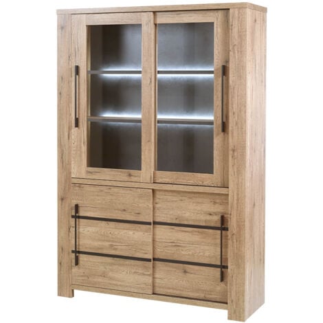 NILLA - Vitrine 4 Portes Aspect Bois avec Eclairage Led