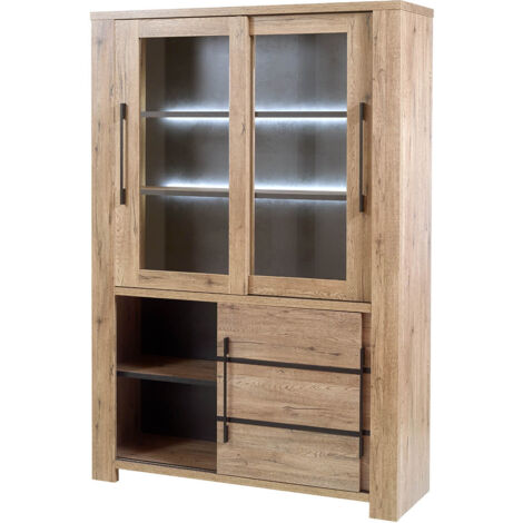 NILLA - Vitrine 4 Portes Aspect Bois avec Eclairage Led