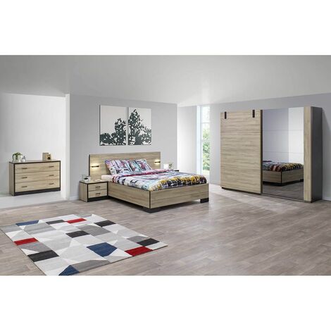 Chambre à coucher complète adulte (lit 180x200cm + 2 chevets + armoire)  coloris imitation chêne - Conforama