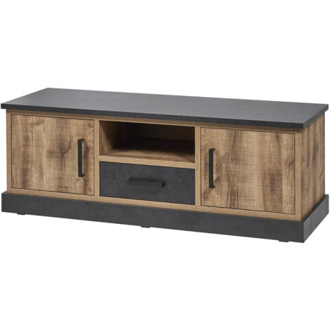 JENNA - Meuble TV 2 Portes Aspect Bois et Métal Poudré Noir (1/5)
