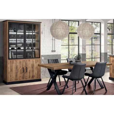 JENNA - Ensemble Table 200cm + Vitrine 4 Portes Aspect Bois et Métal (1/4)