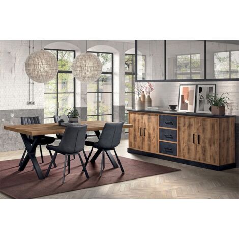 JENNA - Ensemble Table 170cm + Buffet 4 Portes Aspect Bois et Métal (1/4)