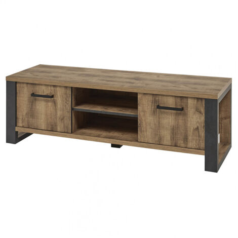 KORA - Meuble TV 2 Portes Aspect Bois et Métal Poudré Noir (1/3)