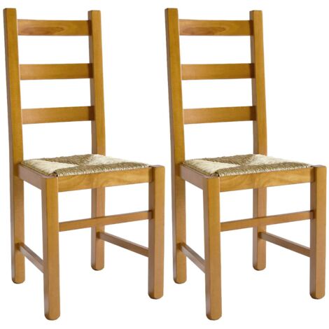 Altobuy – Lot de 2 chaises en hêtre massif teinté chêne – Assises en paille – Hauteur d'assise 47 cm – Dimensions 40x43xH97 cm (1/4)