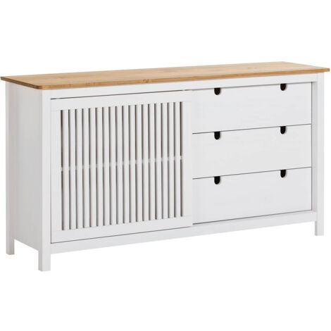 MALIA - Buffet Bas 3 Tiroirs 1 Porte Bois Ciré et Blanc (1/5)