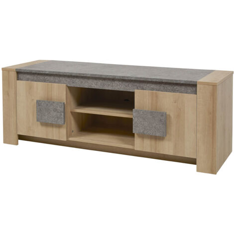 Altobuy – Meuble TV 2 portes en panneaux de particules – Finition effet bois naturel et pierre grise – Dimensions 155 x 45 x H59 cm (1/5)