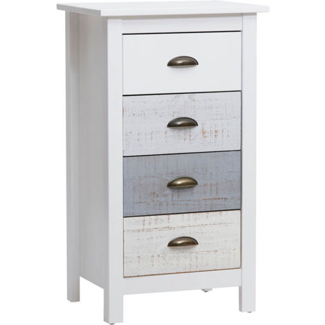 Altobuy – Chiffonnier 4 tiroirs en pin massif laqué – Dimensions 46x35xH80 cm – Style vintage avec poignées rétro – Aspect vieilli (1/5)