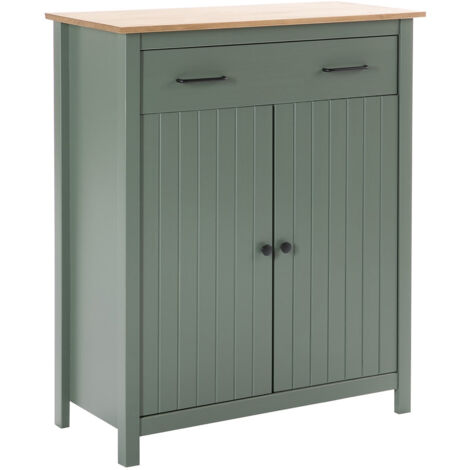 Altobuy – Meuble haut 2 portes 1 tiroir en pin massif ciré vert – Dimensions 90 x 40 x H110cm – Élément haut de cuisine (1/5)