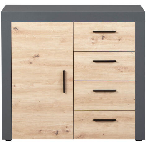 OCTOBER - Commode 1 Porte 4 Tiroirs Gris et Effet Bois (1/5)