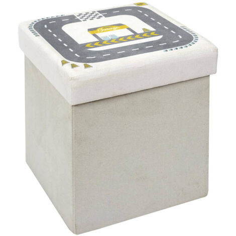 CHILD - Pouf-Coffre Pliable Velours Gris Clair Motif Circuit (1/5)