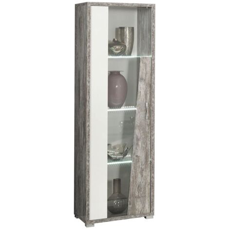 DENYS - Vitrine 1 Porte Gauche Laqué Blanc et Effet Bois Taupe (1/3)