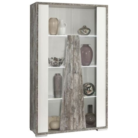 DENYS - Vitrine 2 Portes Laqué Blanc et Effet Bois Taupe (1/3)