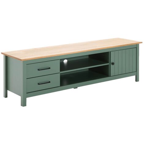 Altobuy – Meuble TV 1 porte 2 tiroirs en pin massif ciré vert – Dimensions 158x40xH47cm – Style classique pour intérieur moderne (1/5)