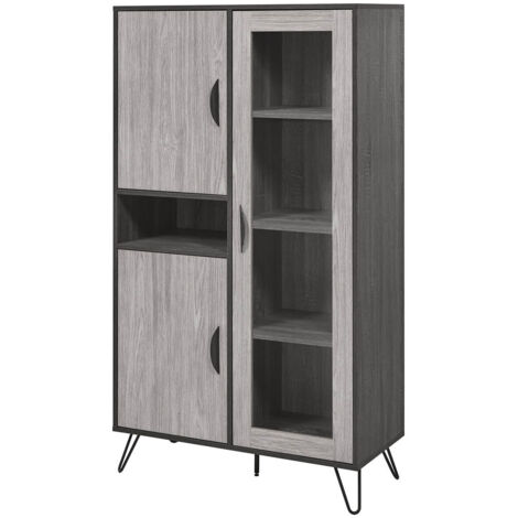 Altobuy – Vaisselier argentier 3 portes – Niche centrale – Structure panneaux particules décor chêne cendré – Piètement métal noir – Dimensions 90x40x160cm (1/3)