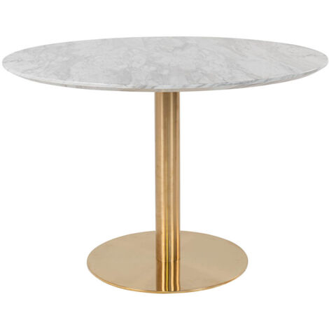 TYROL - Table Repas Ø110cm Plateau MDF Aspect Marbré et Pied Métal Doré (1/5)