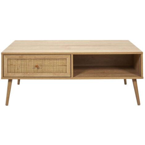 MAYA - Table Basse 1 Tiroir Effet Bois et Façade Rotin (1/5)