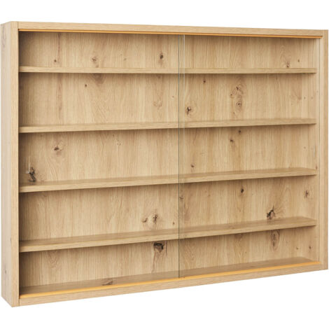Altobuy – Vitrine murale 5 compartiments en panneaux de particules – Finition aspect chêne artisan – Portes en verre sécurit – Dimensions 80 x 10 x H60 cm