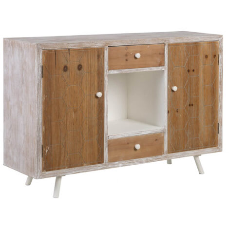 OLMANN - Buffet 2 Portes 2 Tiroirs Blanc et Naturel Aspect Vieilli