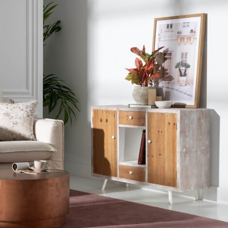 OLMANN - Buffet 2 Portes 2 Tiroirs Blanc et Naturel Aspect Vieilli