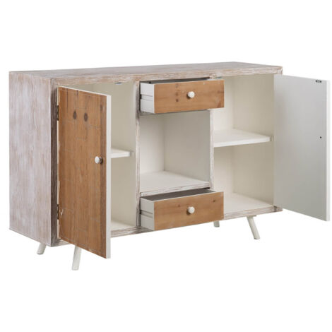 OLMANN - Buffet 2 Portes 2 Tiroirs Blanc et Naturel Aspect Vieilli